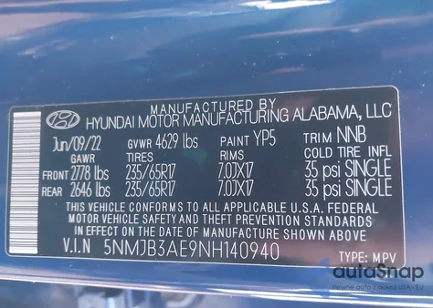 2022 Hyundai Tucson Sel z USA, uszkodzony, nr VIN 5NMJB3AE9NH140940